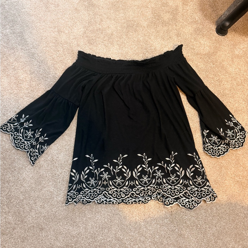 White House Black Market Black Off-Shoulder Embroidered Blouse